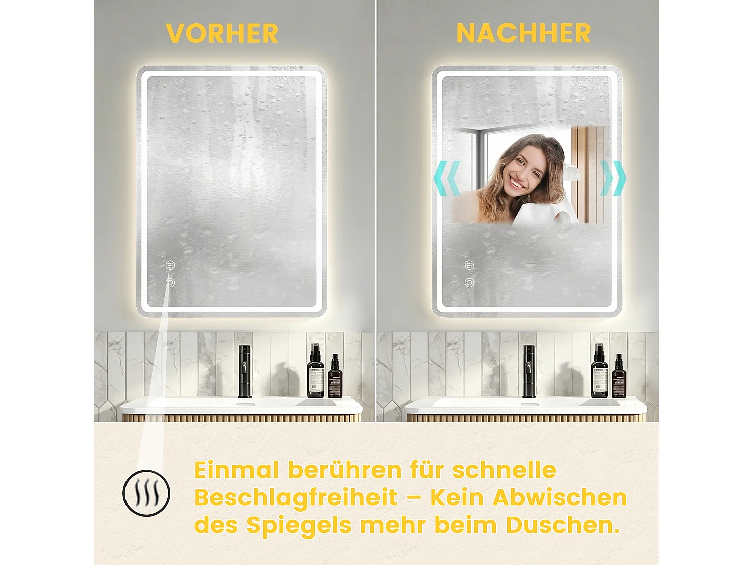 Miroir LED carré salle de bain 60x80 cm sans cadre, toucher, 3 températures, variateur, anti-buée, pose horizontale ou verticale
