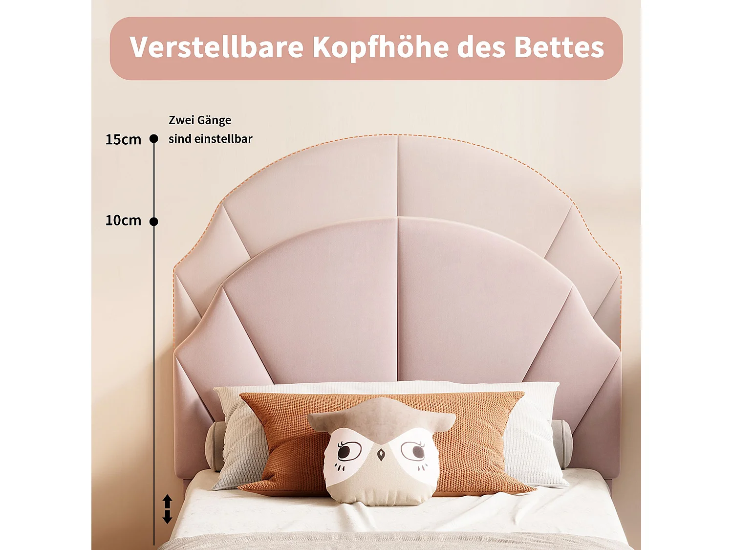 Lit enfant 90x200 cm en velours rose, tête de lit rembourrée réglable en hauteur,sommier à lattes