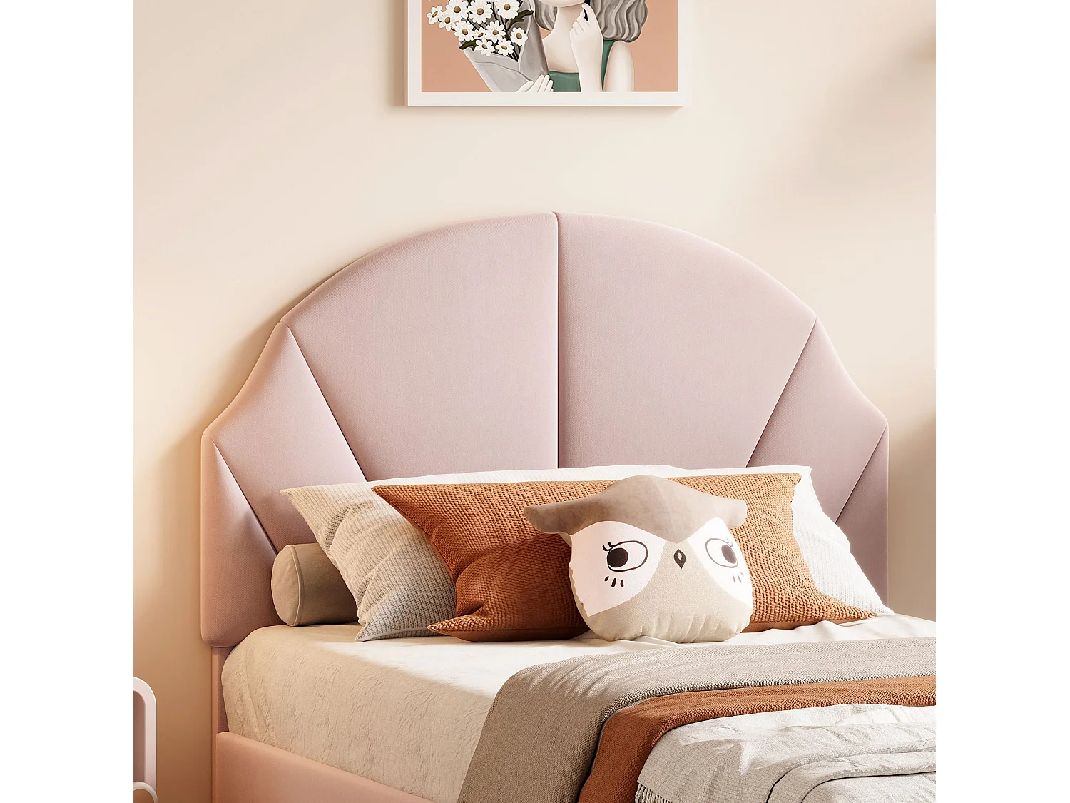 Lit enfant 90x200 cm en velours rose, tête de lit rembourrée réglable en hauteur,sommier à lattes