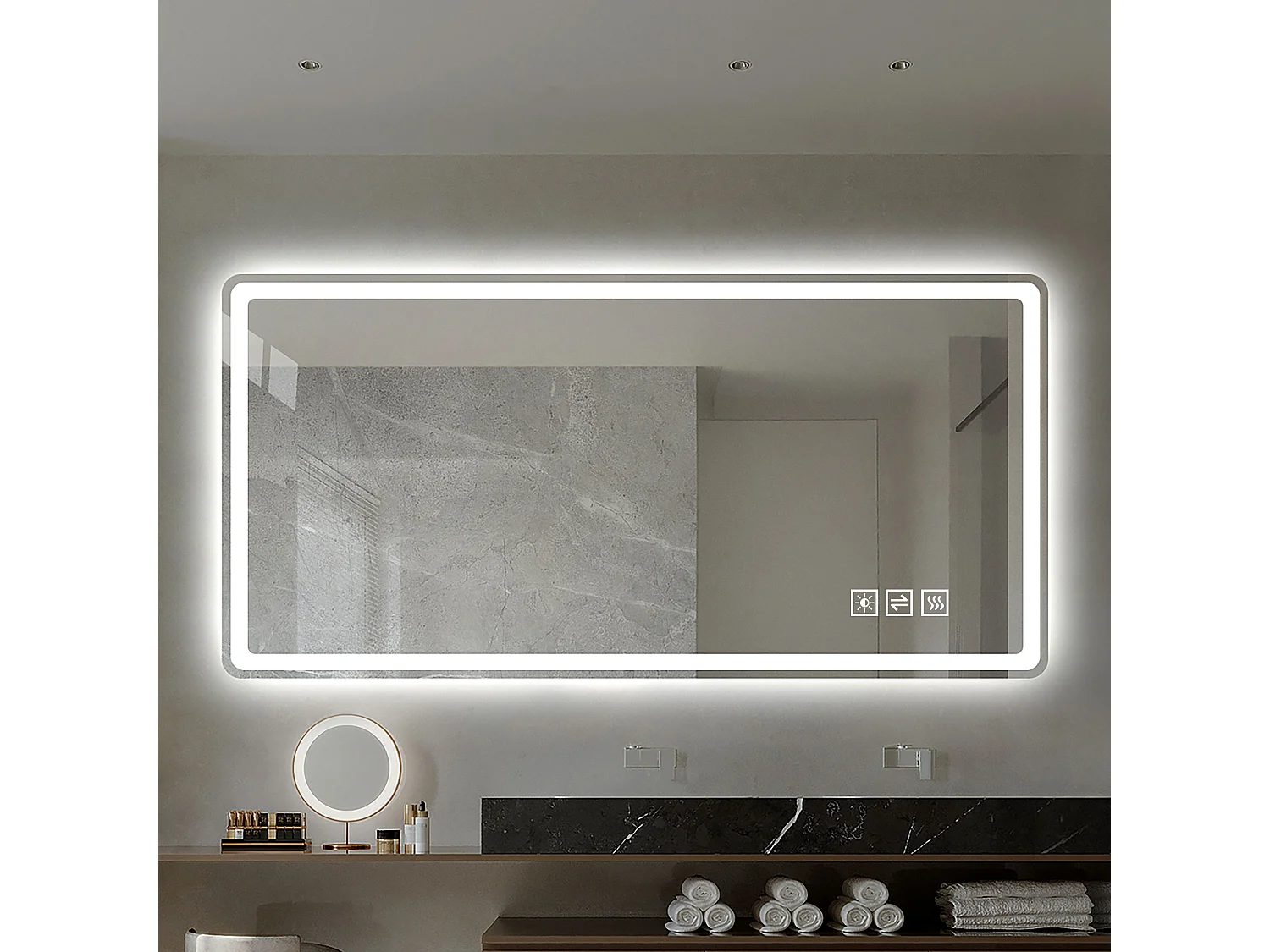 Miroir LED salle de bain 60x100 cm sans cadre, bord givré lumineux, anti-buée, 3 couleurs, variateur 10-100%, mémoire