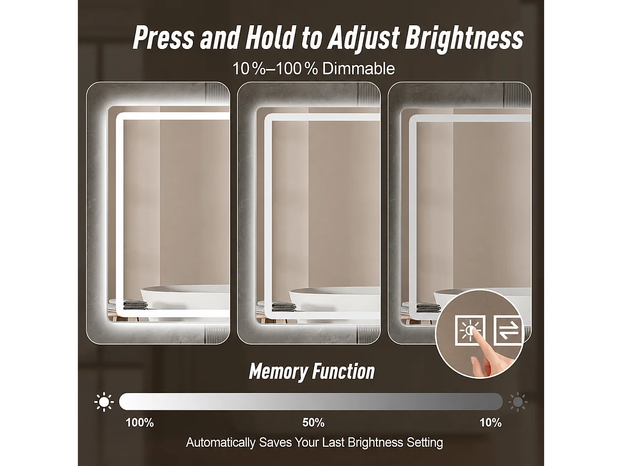Miroir LED salle de bain 60x100 cm sans cadre, bord givré lumineux, anti-buée, 3 couleurs, variateur 10-100%, mémoire
