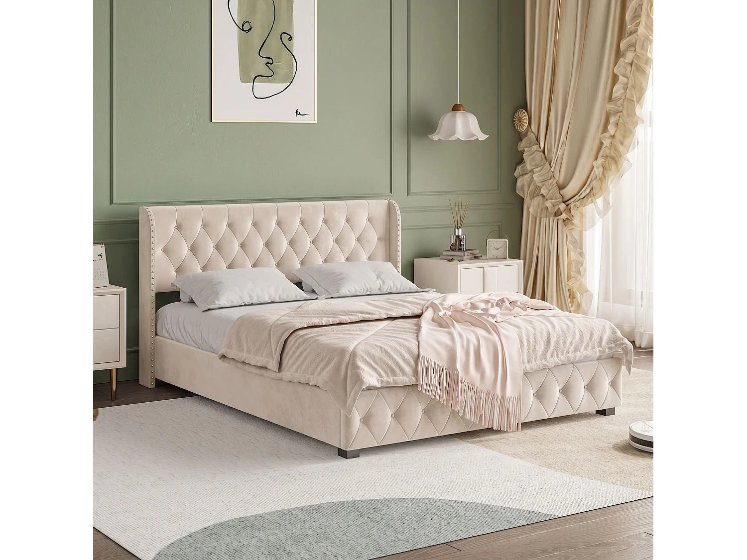 Lit coffre 140x190 cm en velours beige, lit double rembourré avec rangement hydraulique, sommier à lattes, tête de lit capitonnée avec clous