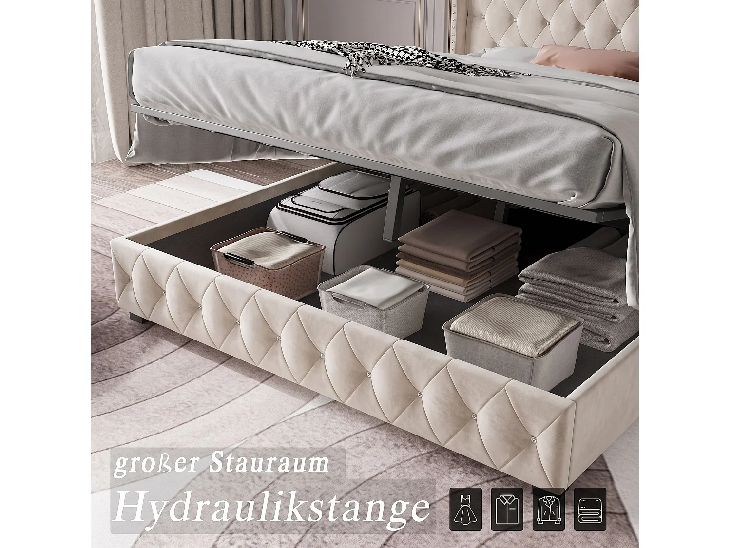 Lit coffre 140x190 cm en velours beige, lit double rembourré avec rangement hydraulique, sommier à lattes, tête de lit capitonnée avec clous