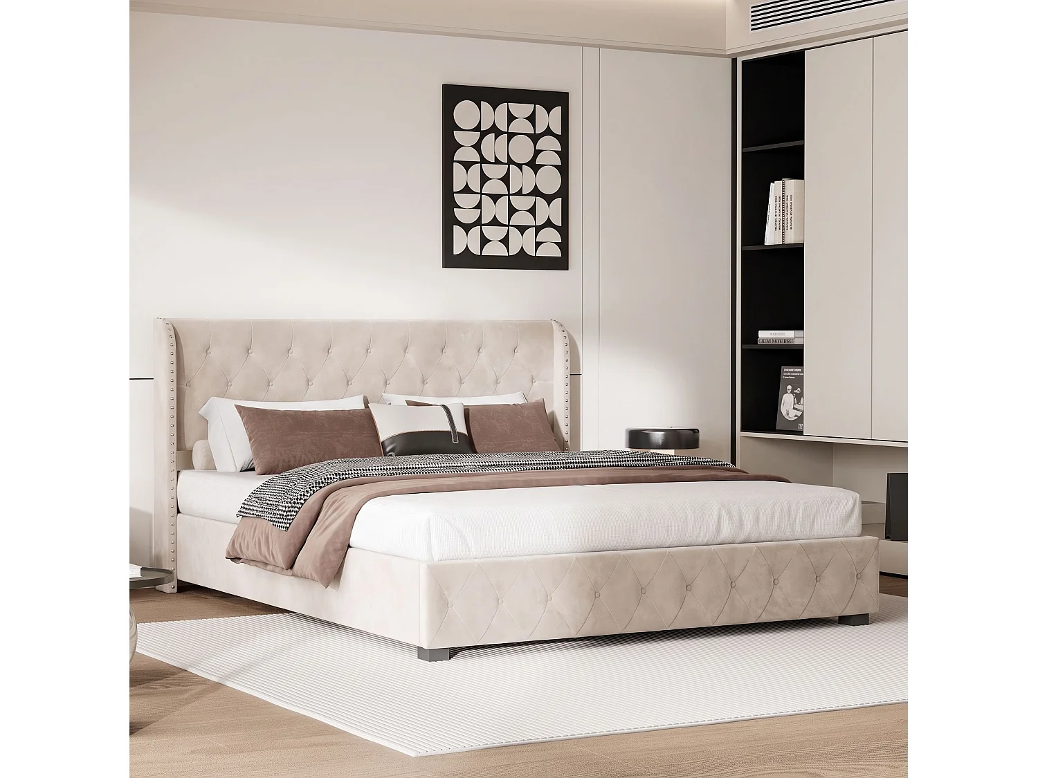 Lit coffre 140x190 cm en velours beige, lit double rembourré avec rangement hydraulique, sommier à lattes, tête de lit capitonnée avec clous