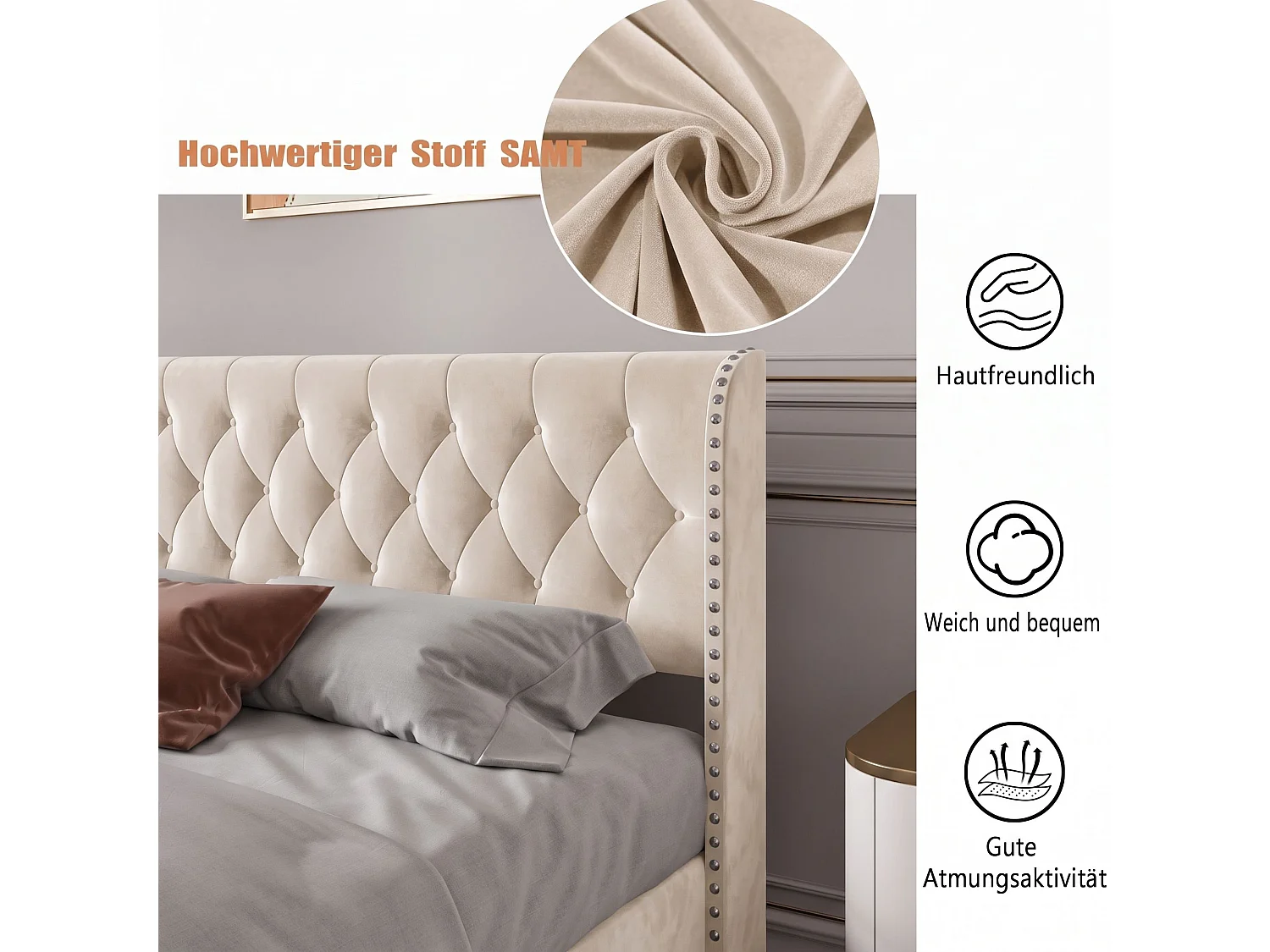 Lit coffre 140x190 cm en velours beige, lit double rembourré avec rangement hydraulique, sommier à lattes, tête de lit capitonnée avec clous