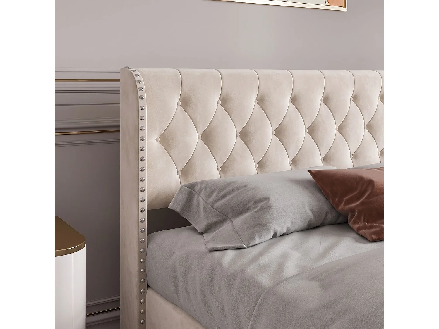Lit coffre 140x190 cm en velours beige, lit double rembourré avec rangement hydraulique, sommier à lattes, tête de lit capitonnée avec clous