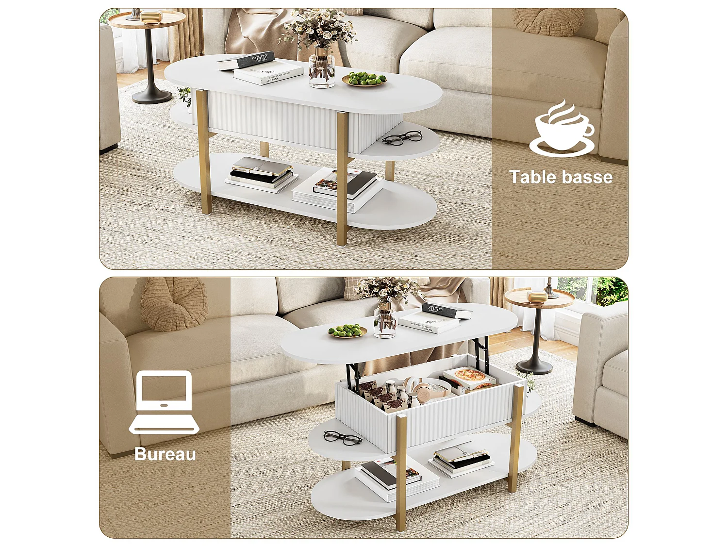 Table basse relevable 106x45x50 cm avec rangement caché et étagères, plateau lift-up à vérins à gaz, salon moderne, blanc