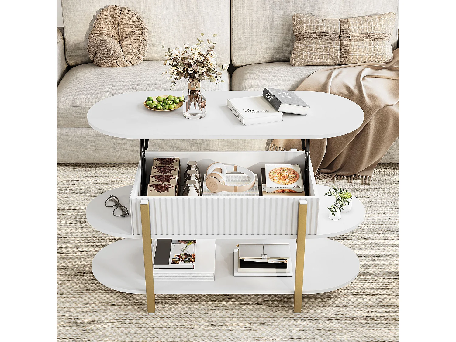 Table basse relevable 106x45x50 cm avec rangement caché et étagères, plateau lift-up à vérins à gaz, salon moderne, blanc