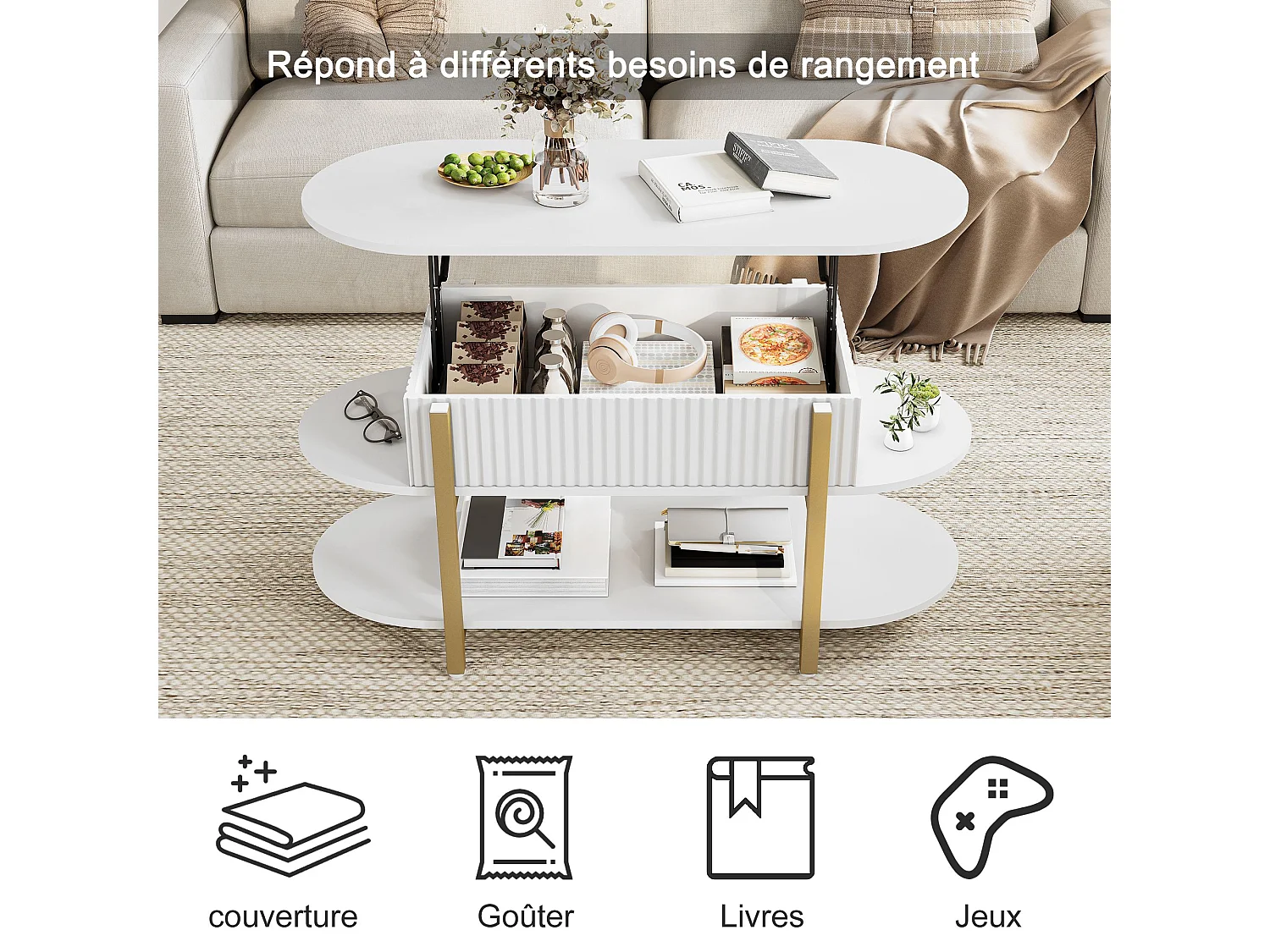 Table basse relevable 106x45x50 cm avec rangement caché et étagères, plateau lift-up à vérins à gaz, salon moderne, blanc