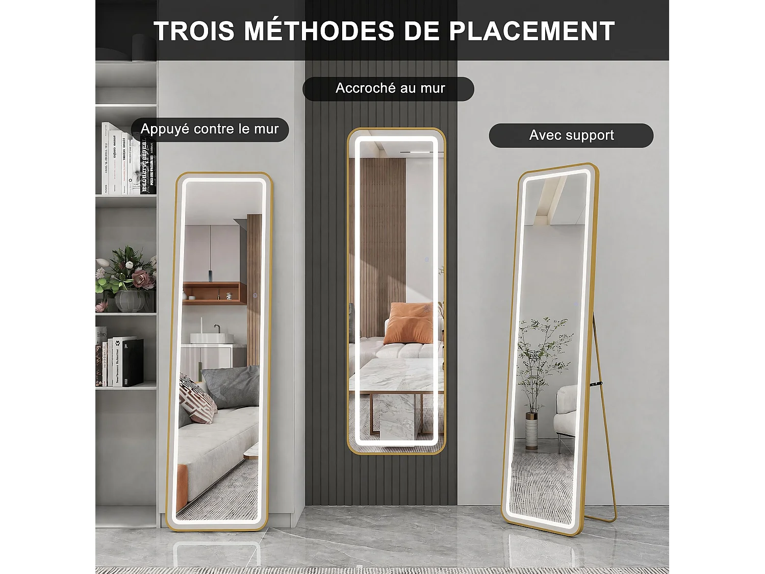 Miroir sur pied LED 150 x 40 cm – Miroir plein pied en verre trempé, 3 couleurs et luminosité réglable – Cadre doré à coins arrondis