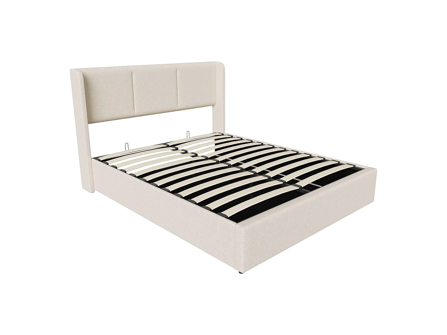Lit coffre 140x190 cm beige en tissu effet lin, lit double avec rangement hydraulique, tête de lit rembourrée, sommier à lattes silencieux