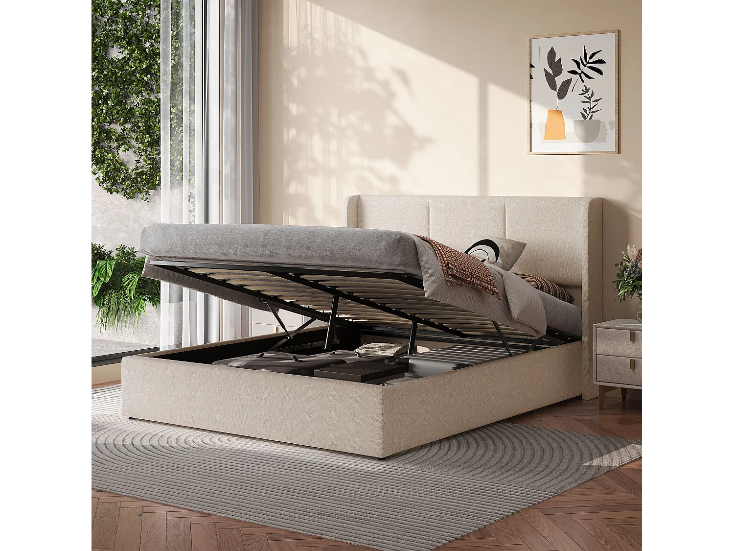 Lit coffre 140x190 cm beige en tissu effet lin, lit double avec rangement hydraulique, tête de lit rembourrée, sommier à lattes silencieux