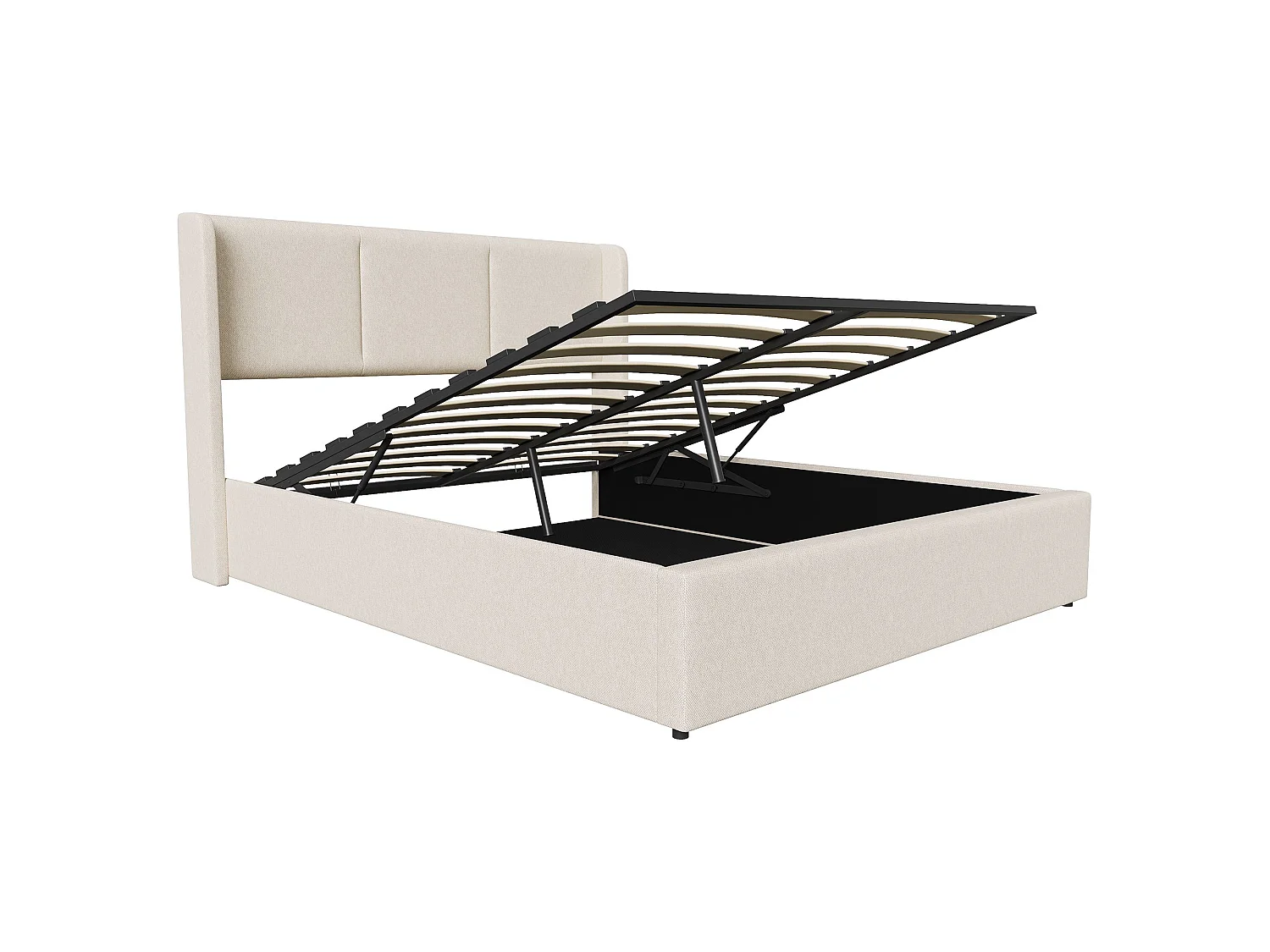 Lit coffre 140x190 cm beige en tissu effet lin, lit double avec rangement hydraulique, tête de lit rembourrée, sommier à lattes silencieux