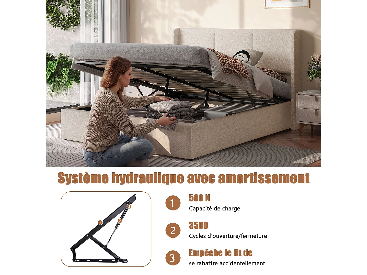 Lit coffre 140x190 cm beige en tissu effet lin, lit double avec rangement hydraulique, tête de lit rembourrée, sommier à lattes silencieux
