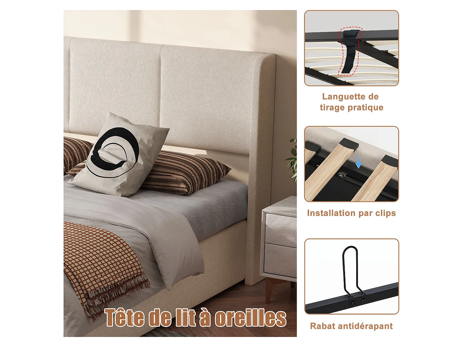 Lit coffre 140x190 cm beige en tissu effet lin, lit double avec rangement hydraulique, tête de lit rembourrée, sommier à lattes silencieux