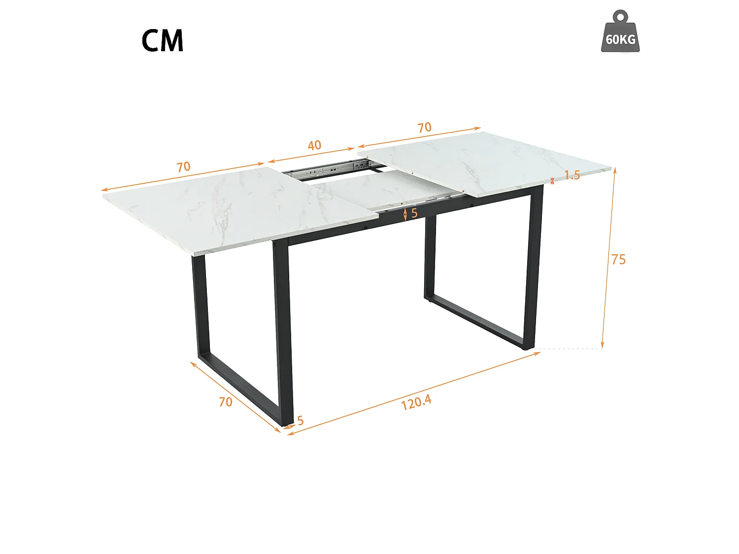 Table à manger extensible 140/180 cm, plateau MDF blanc, piètement métal noir, avec 8 chaises velours noir – ensemble 8 places