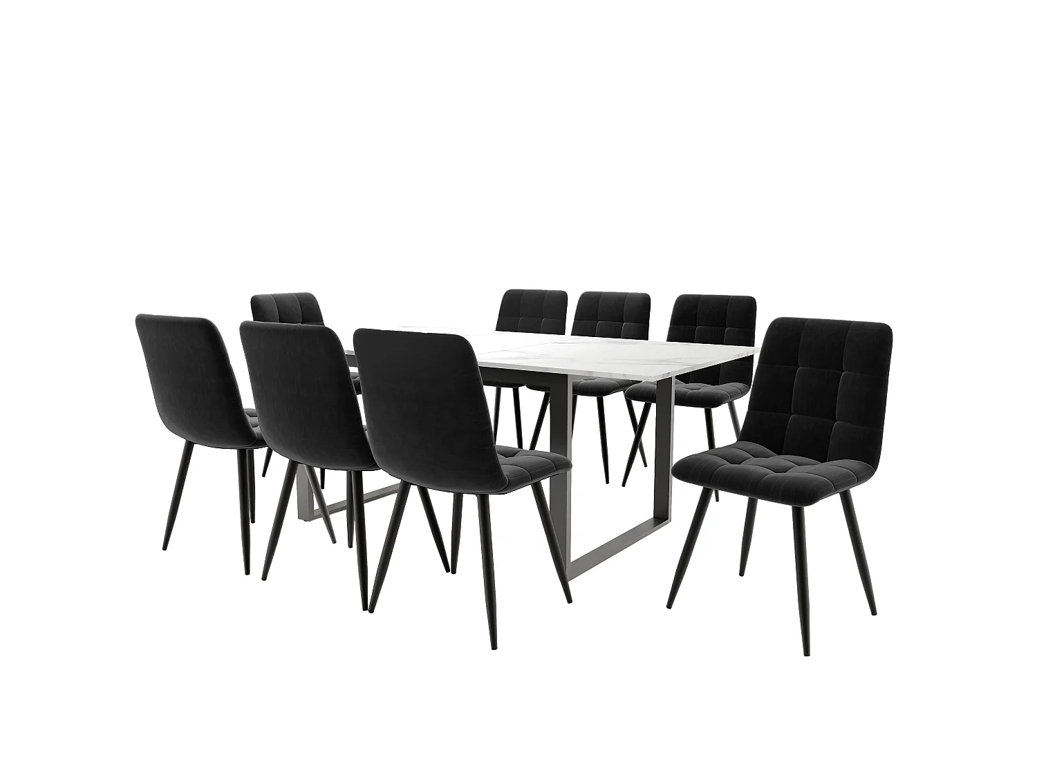 Table à manger extensible 140/180 cm, plateau MDF blanc, piètement métal noir, avec 8 chaises velours noir – ensemble 8 places