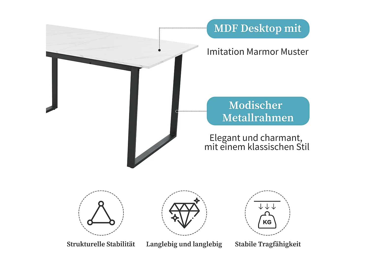 Table à manger extensible 140/180 cm, plateau MDF blanc, piètement métal noir, avec 8 chaises velours noir – ensemble 8 places