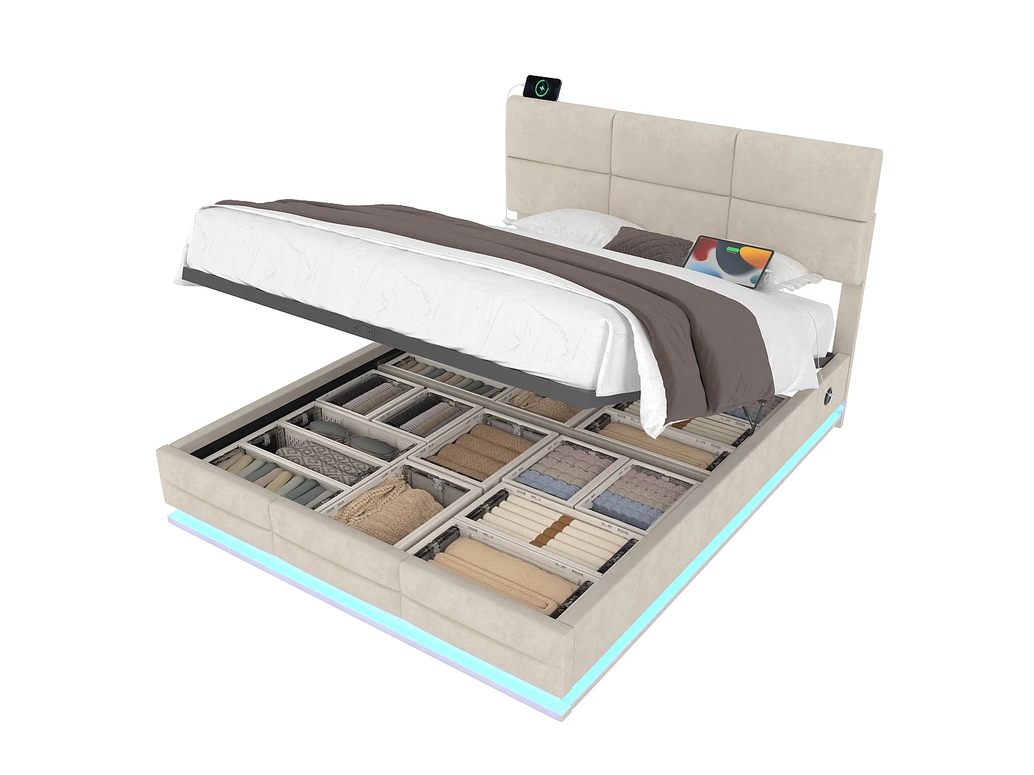 Lit coffre 180x200 cm en velours avec rangement hydraulique, tête de lit réglable, LED et USB/Type-C, beige – sans matelas