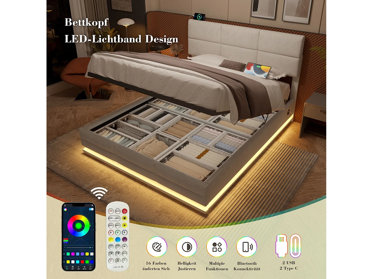 Lit coffre 180x200 cm en velours avec rangement hydraulique, tête de lit réglable, LED et USB/Type-C, beige – sans matelas