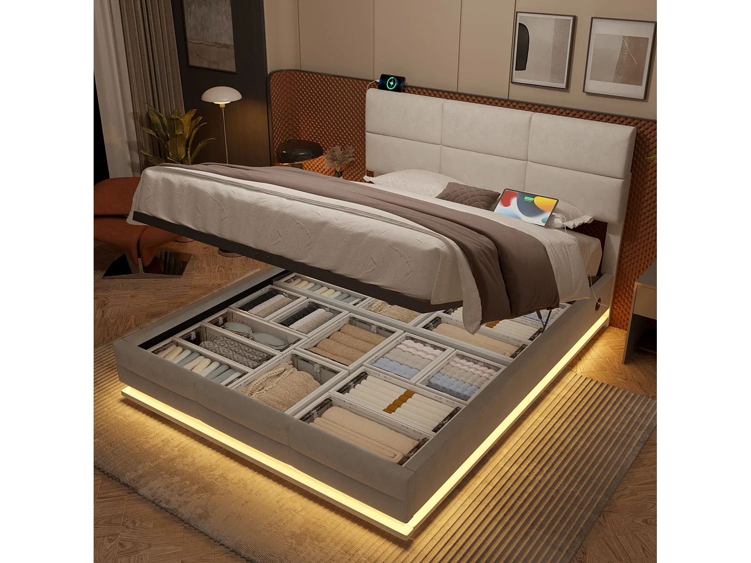 Lit coffre 180x200 cm en velours avec rangement hydraulique, tête de lit réglable, LED et USB/Type-C, beige – sans matelas