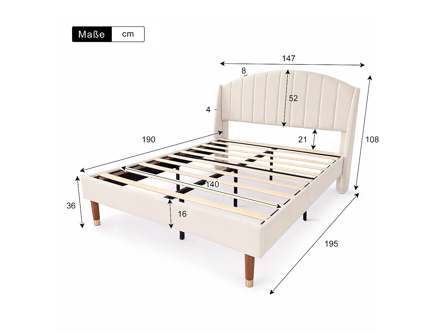 Lit double 140x190 cm tapissé en velours beige, tête de lit rembourrée, sommier à lattes robuste
