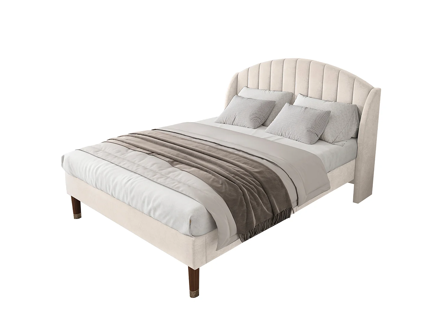 Lit double 140x190 cm tapissé en velours beige, tête de lit rembourrée, sommier à lattes robuste