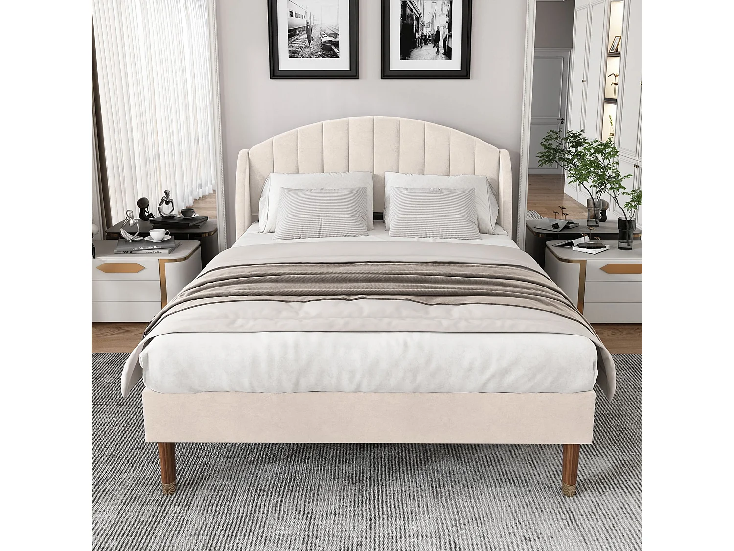 Lit double 140x190 cm tapissé en velours beige, tête de lit rembourrée, sommier à lattes robuste