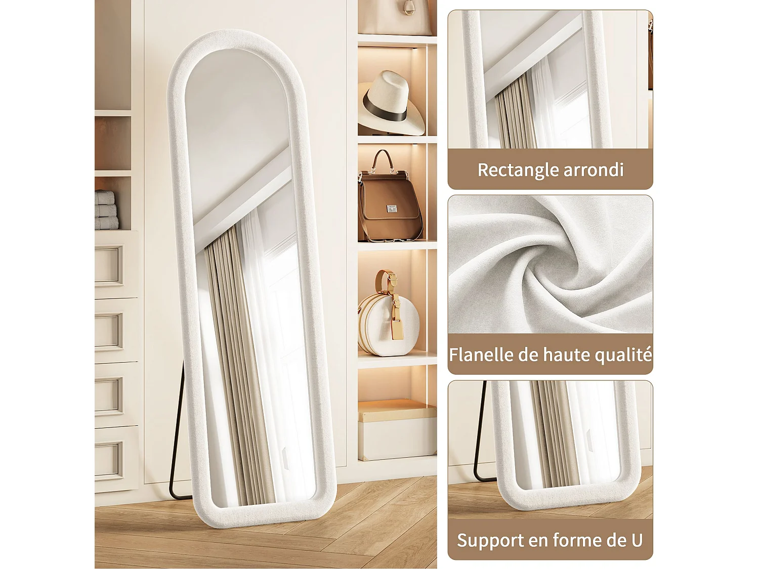 Miroir plein pied arqué 160x50 cm avec cadre en flanelle, miroir design romantique blanc, verre trempé sécurisé