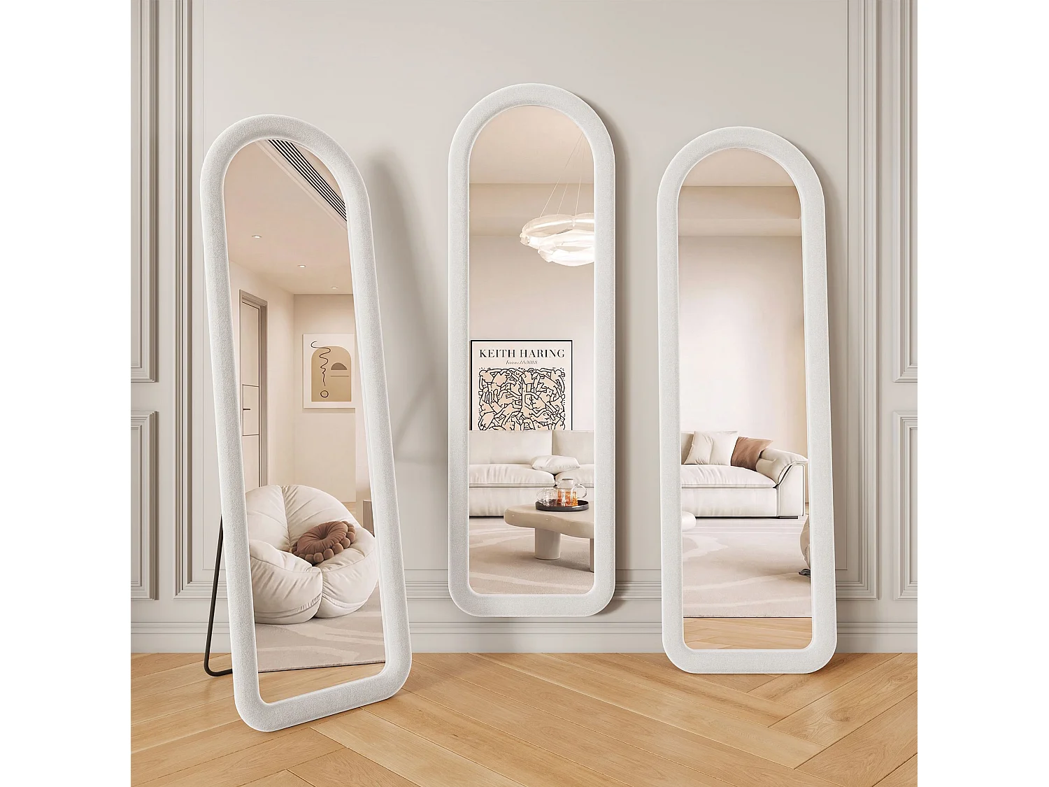 Miroir plein pied arqué 160x50 cm avec cadre en flanelle, miroir design romantique blanc, verre trempé sécurisé