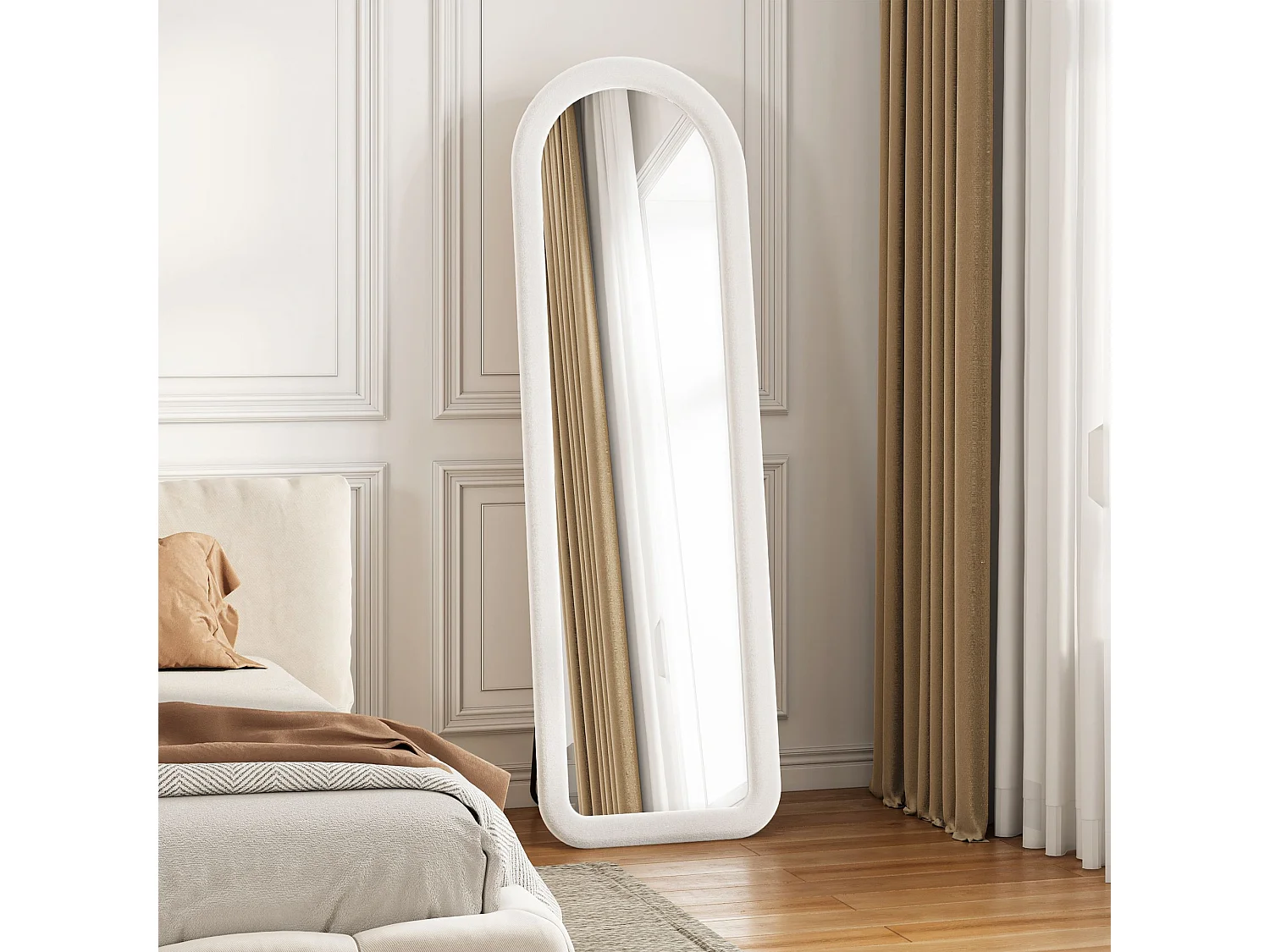 Miroir plein pied arqué 160x50 cm avec cadre en flanelle, miroir design romantique blanc, verre trempé sécurisé