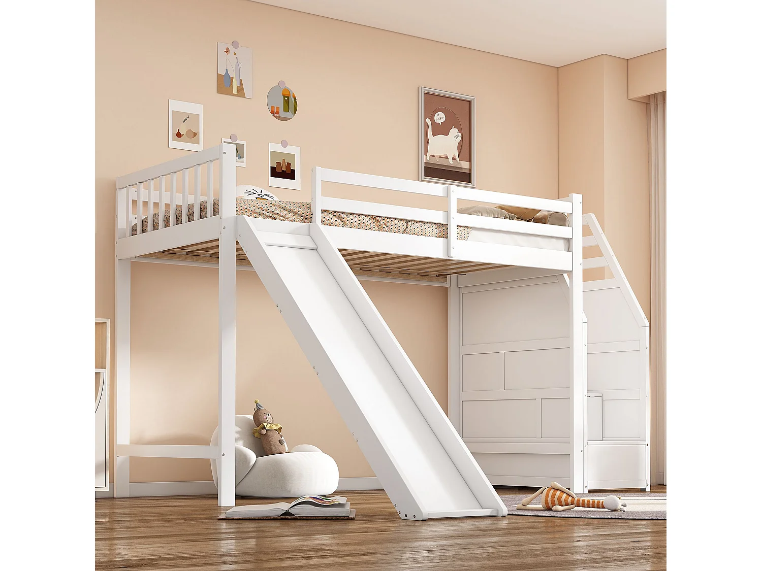 Lit mezzanine enfant 90x200 cm avec toboggan et escalier de rangement, blanc – lit cabane en pin et MDF