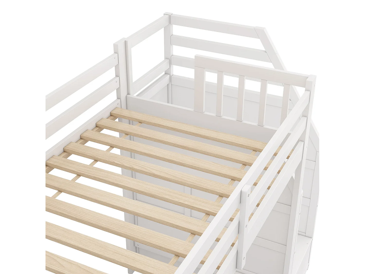 Lit mezzanine enfant 90x200 cm avec toboggan et escalier de rangement, blanc – lit cabane en pin et MDF
