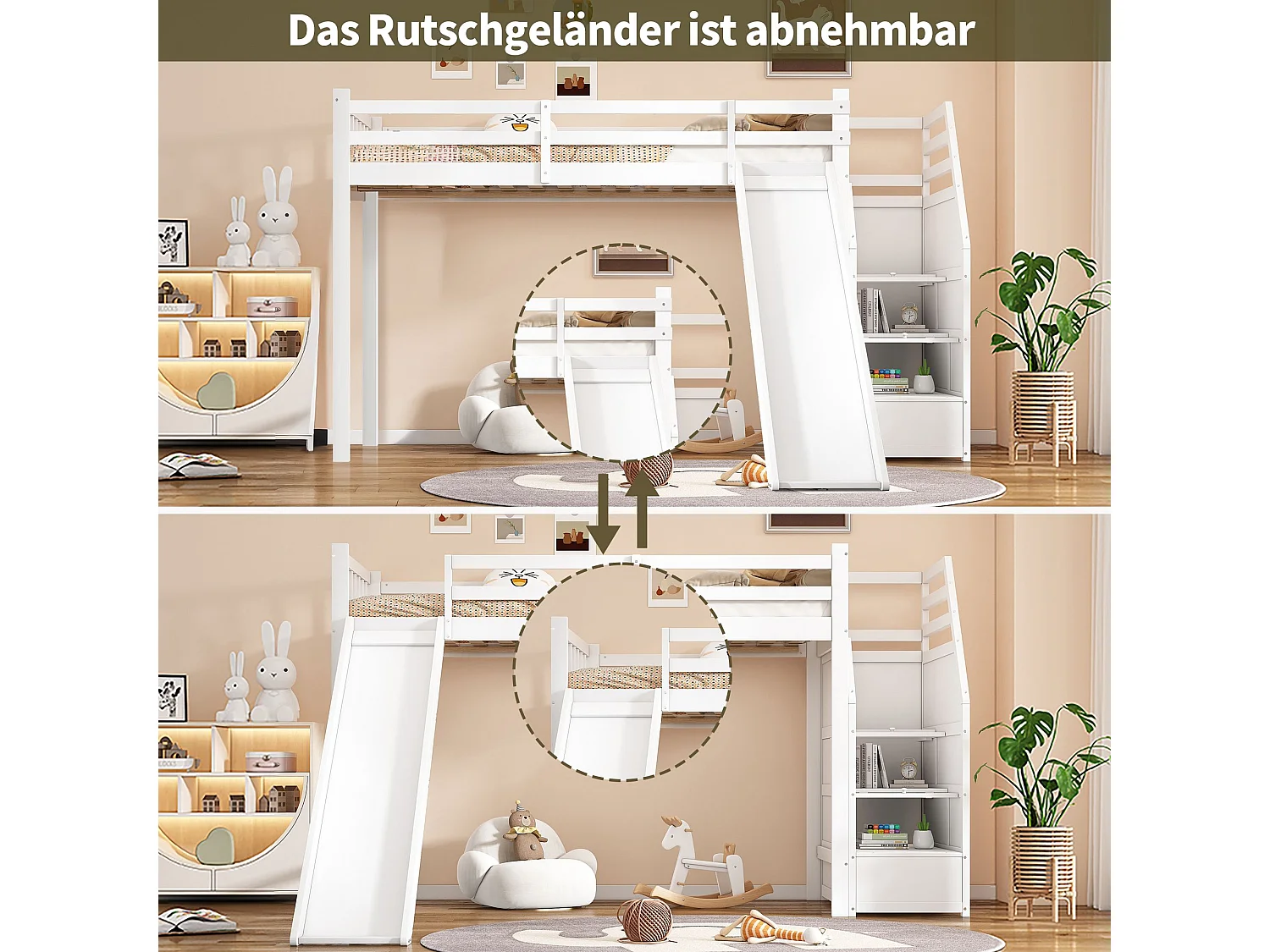 Lit mezzanine enfant 90x200 cm avec toboggan et escalier de rangement, blanc – lit cabane en pin et MDF