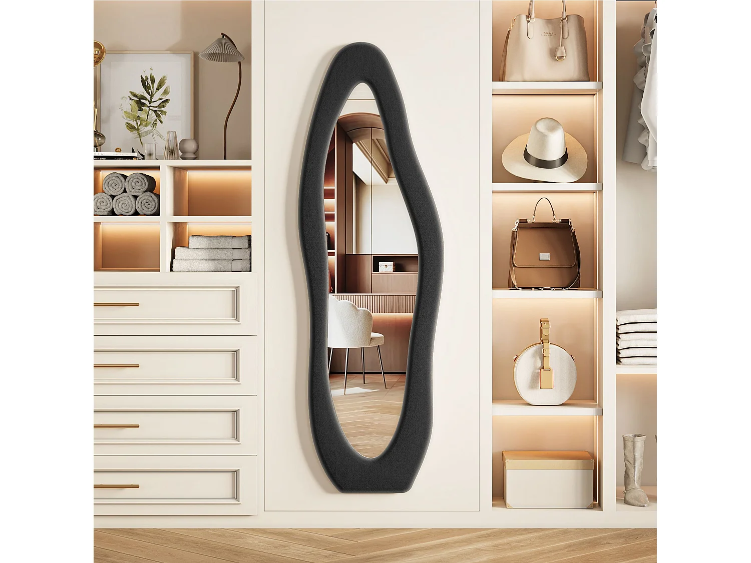 Miroir plein pied irrégulier 160x50 cm avec cadre en flanelle, miroir design moderne noir pour chambre dressing salon