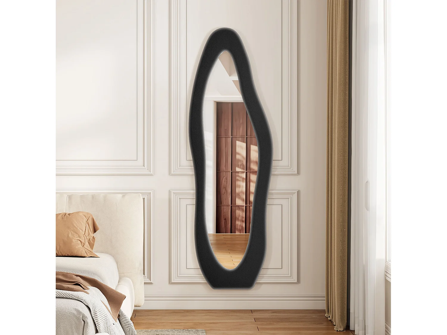 Miroir plein pied irrégulier 160x50 cm avec cadre en flanelle, miroir design moderne noir pour chambre dressing salon