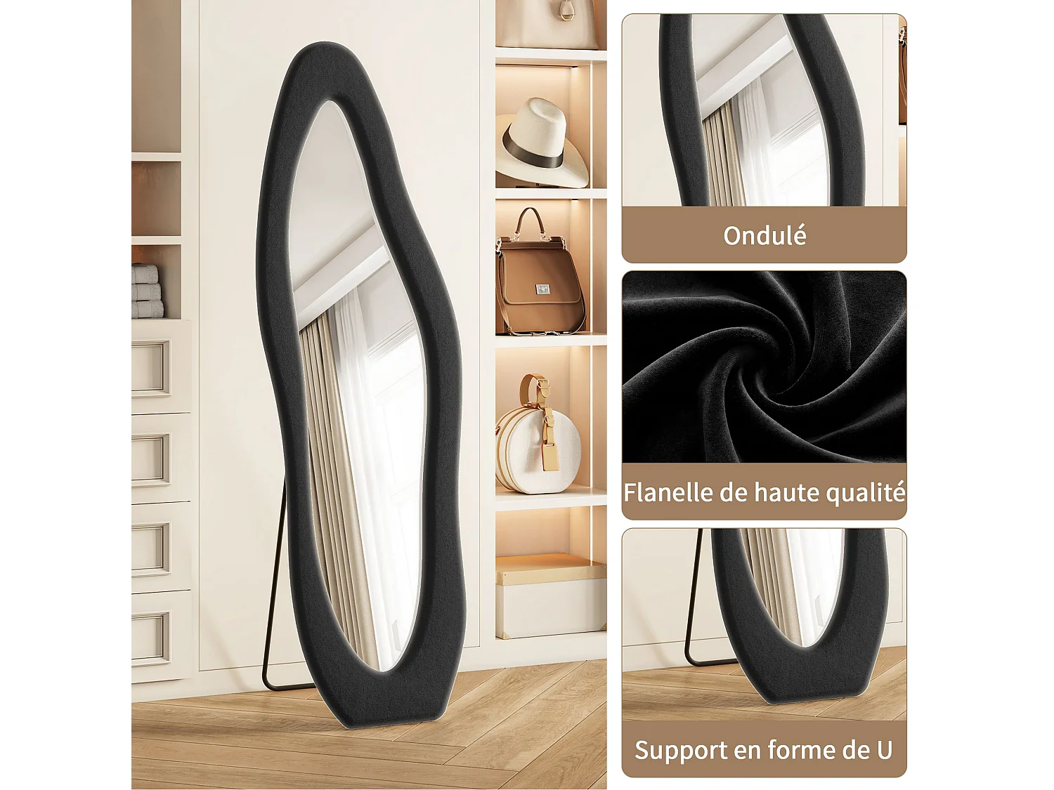 Miroir plein pied irrégulier 160x50 cm avec cadre en flanelle, miroir design moderne noir pour chambre dressing salon