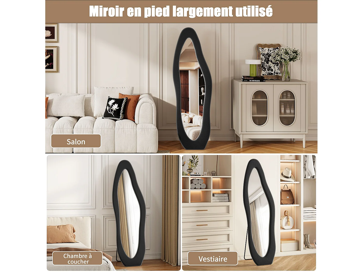 Miroir plein pied irrégulier 160x50 cm avec cadre en flanelle, miroir design moderne noir pour chambre dressing salon