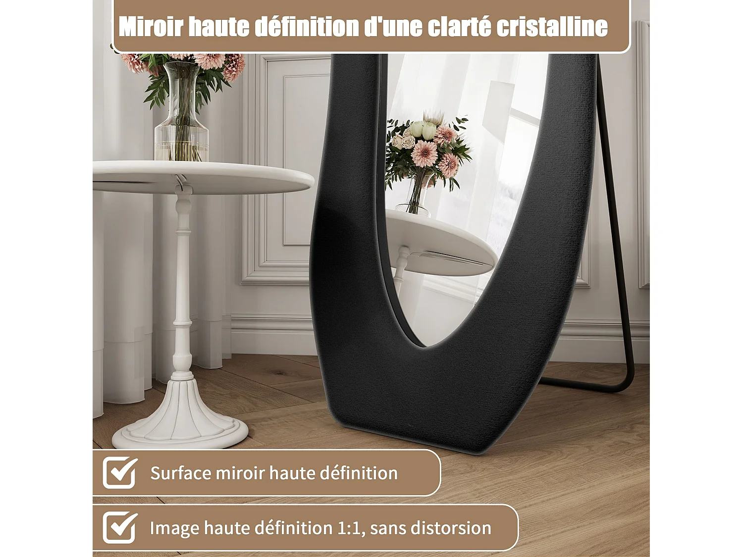 Miroir plein pied irrégulier 160x50 cm avec cadre en flanelle, miroir design moderne noir pour chambre dressing salon