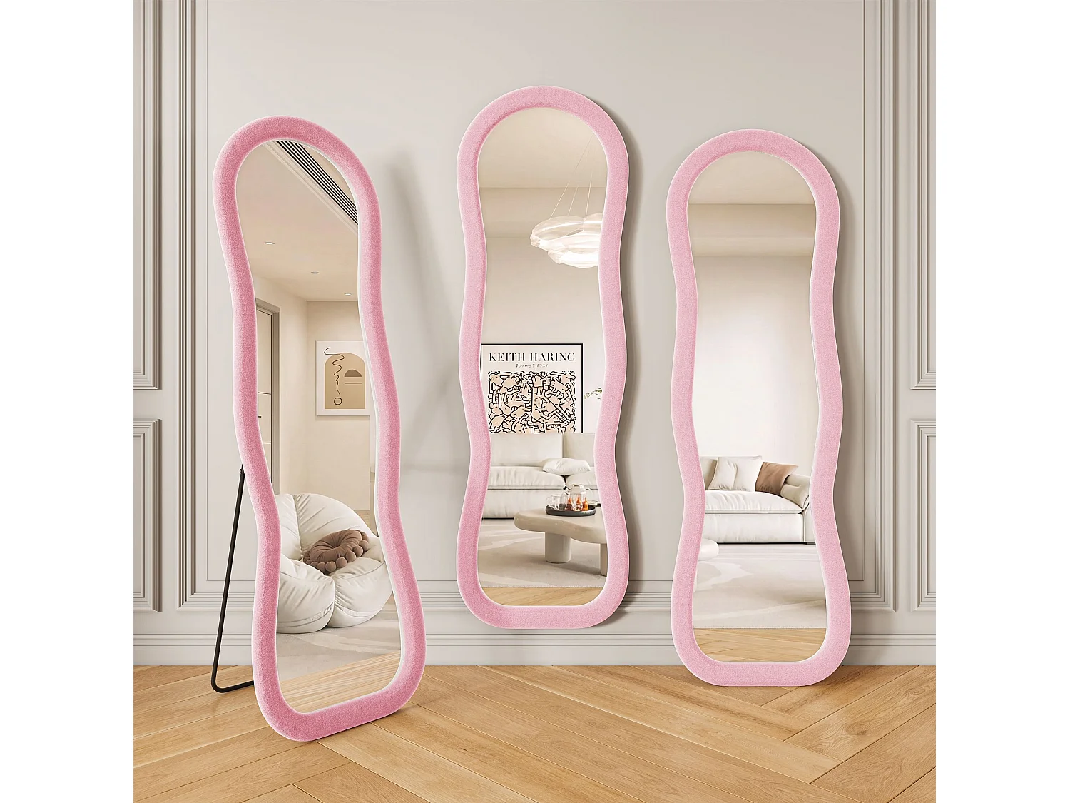 Miroir plein pied ondulé 160x50 cm avec cadre en flanelle, miroir design romantique rose, forme organique moderne