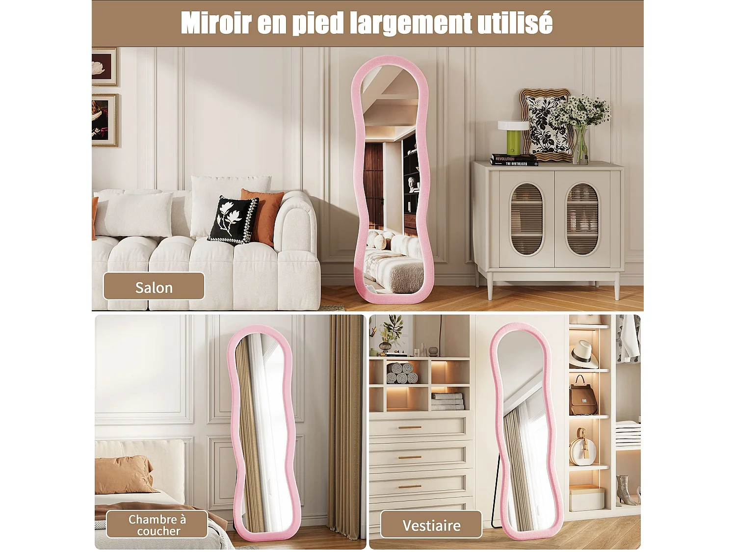 Miroir plein pied ondulé 160x50 cm avec cadre en flanelle, miroir design romantique rose, forme organique moderne