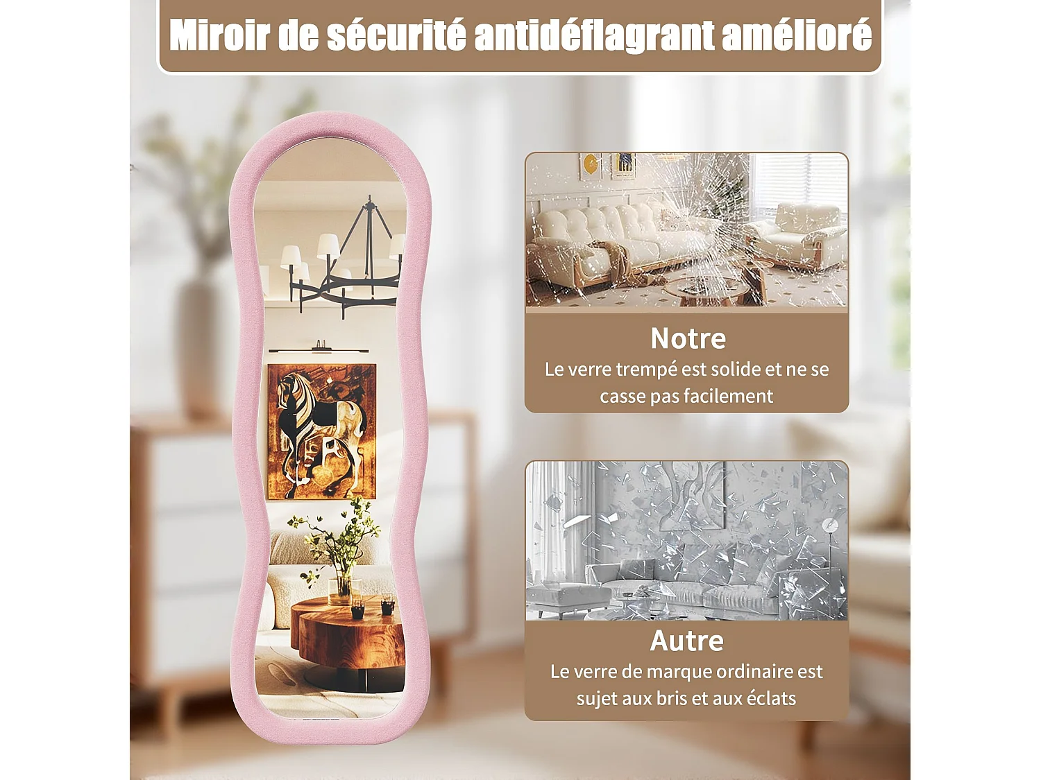 Miroir plein pied ondulé 160x50 cm avec cadre en flanelle, miroir design romantique rose, forme organique moderne