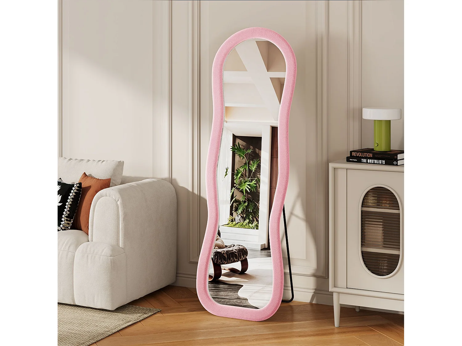 Miroir plein pied ondulé 160x50 cm avec cadre en flanelle, miroir design romantique rose, forme organique moderne