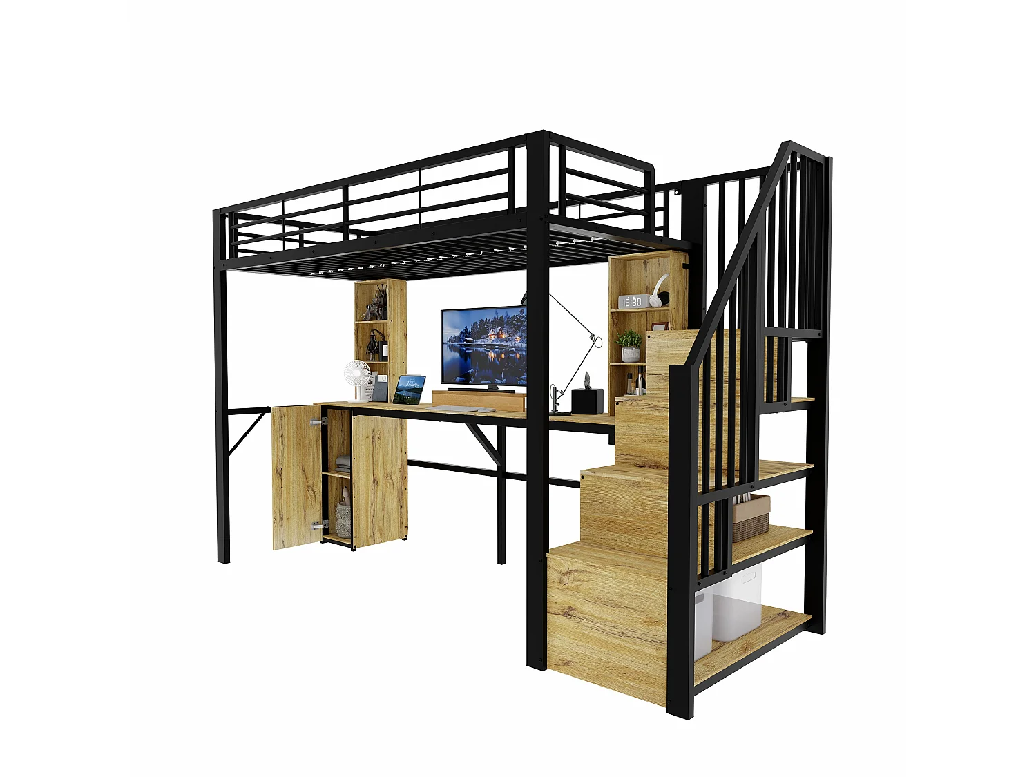 Lit mezzanine 90x200 cm en métal noir avec bureau, rangements, placard et escalier de rangement, USB – sans matelas