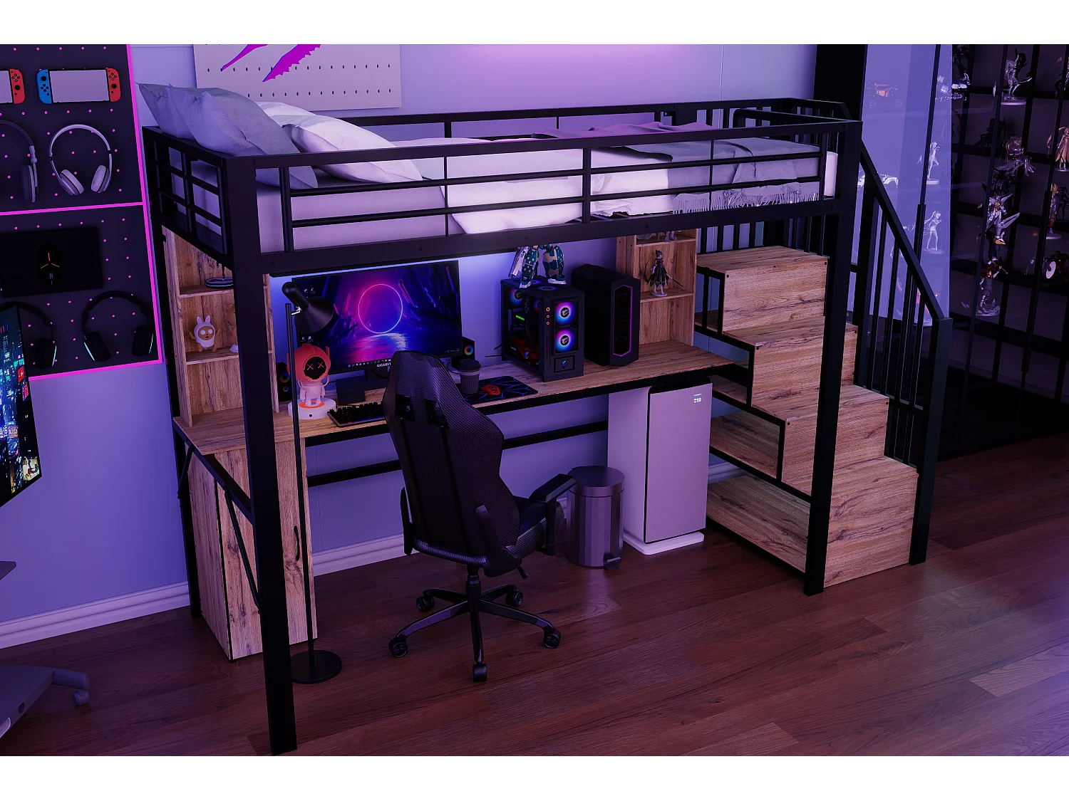 Lit mezzanine 90x200 cm en métal noir avec bureau, rangements, placard et escalier de rangement, USB – sans matelas