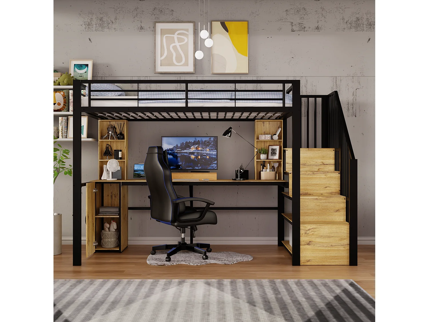 Lit mezzanine 90x200 cm en métal noir avec bureau, rangements, placard et escalier de rangement, USB – sans matelas
