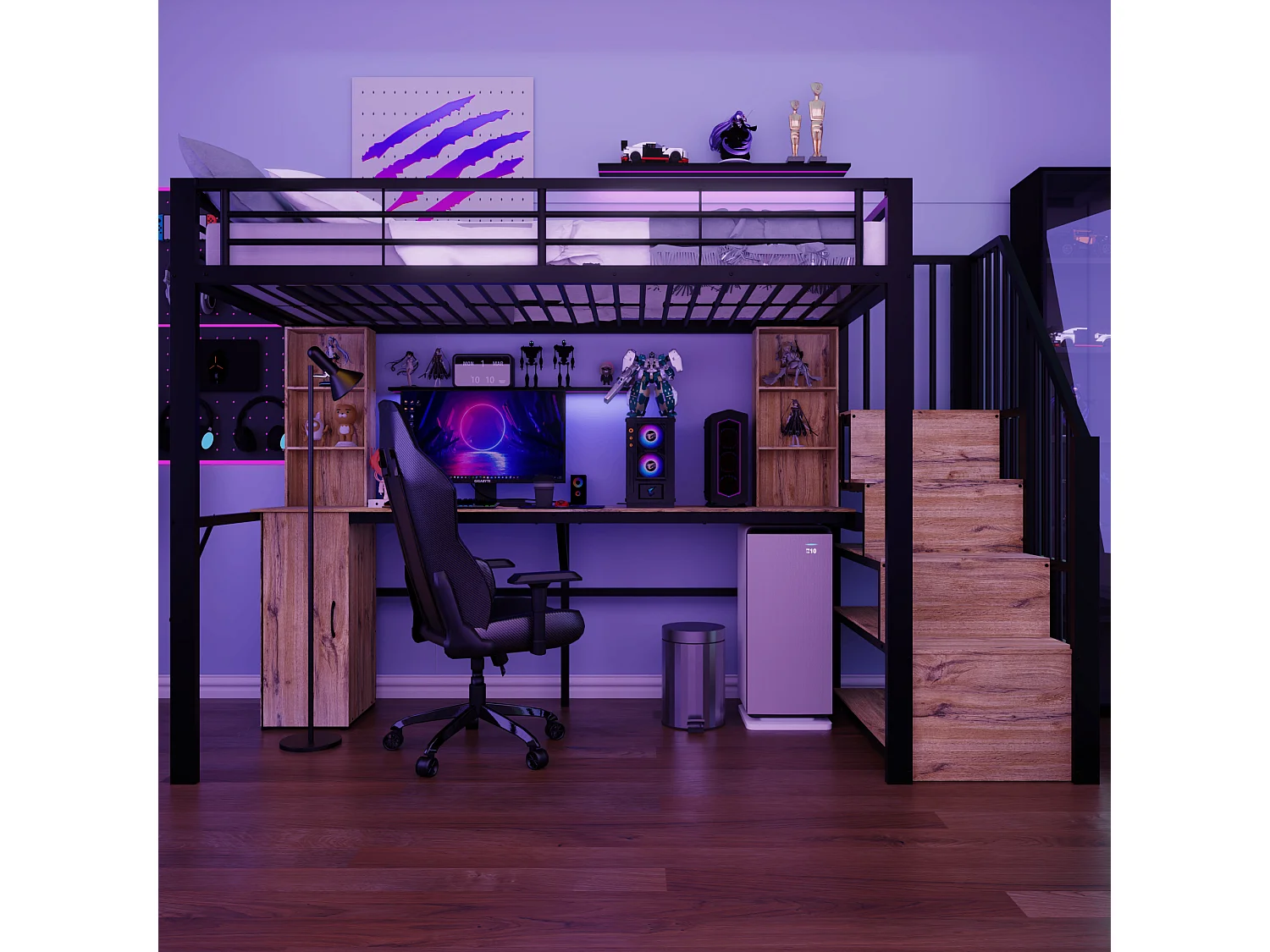 Lit mezzanine 90x200 cm en métal noir avec bureau, rangements, placard et escalier de rangement, USB – sans matelas