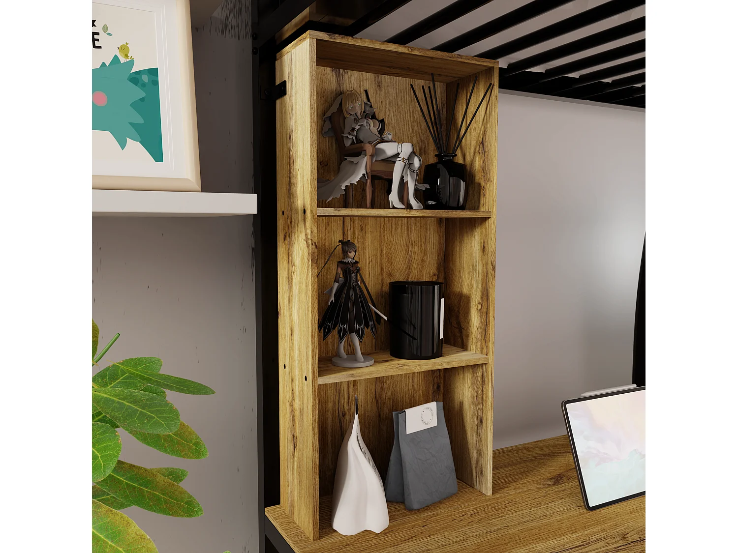 Lit mezzanine 90x200 cm en métal noir avec bureau, rangements, placard et escalier de rangement, USB – sans matelas