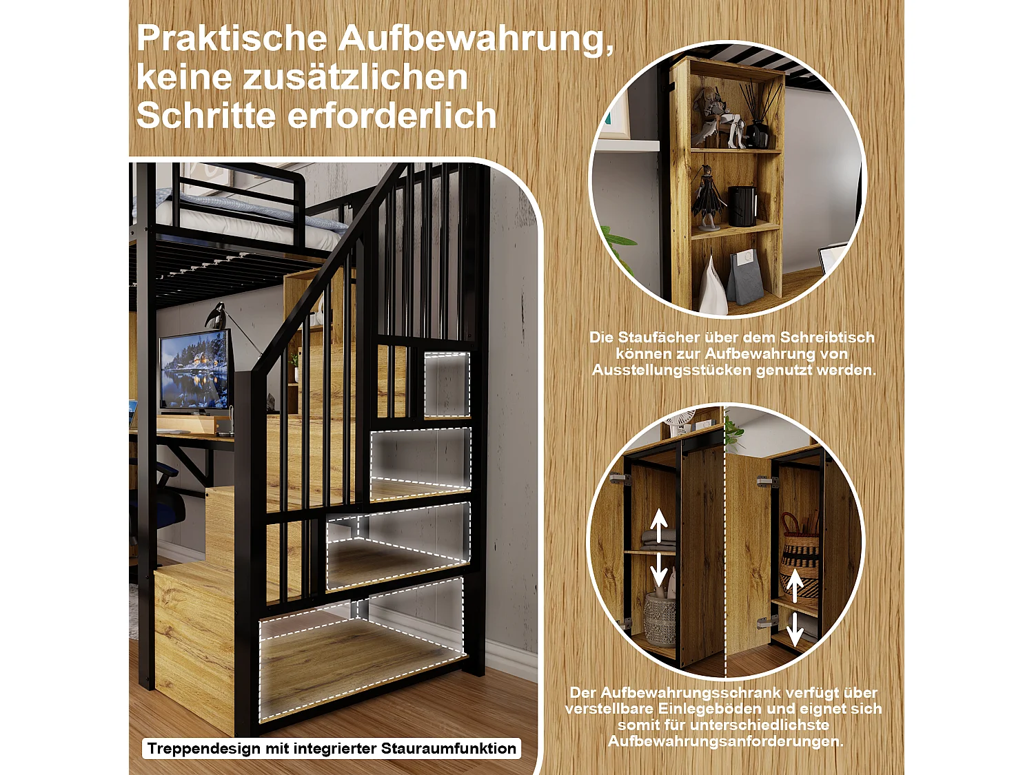 Lit mezzanine 90x200 cm en métal noir avec bureau, rangements, placard et escalier de rangement, USB – sans matelas
