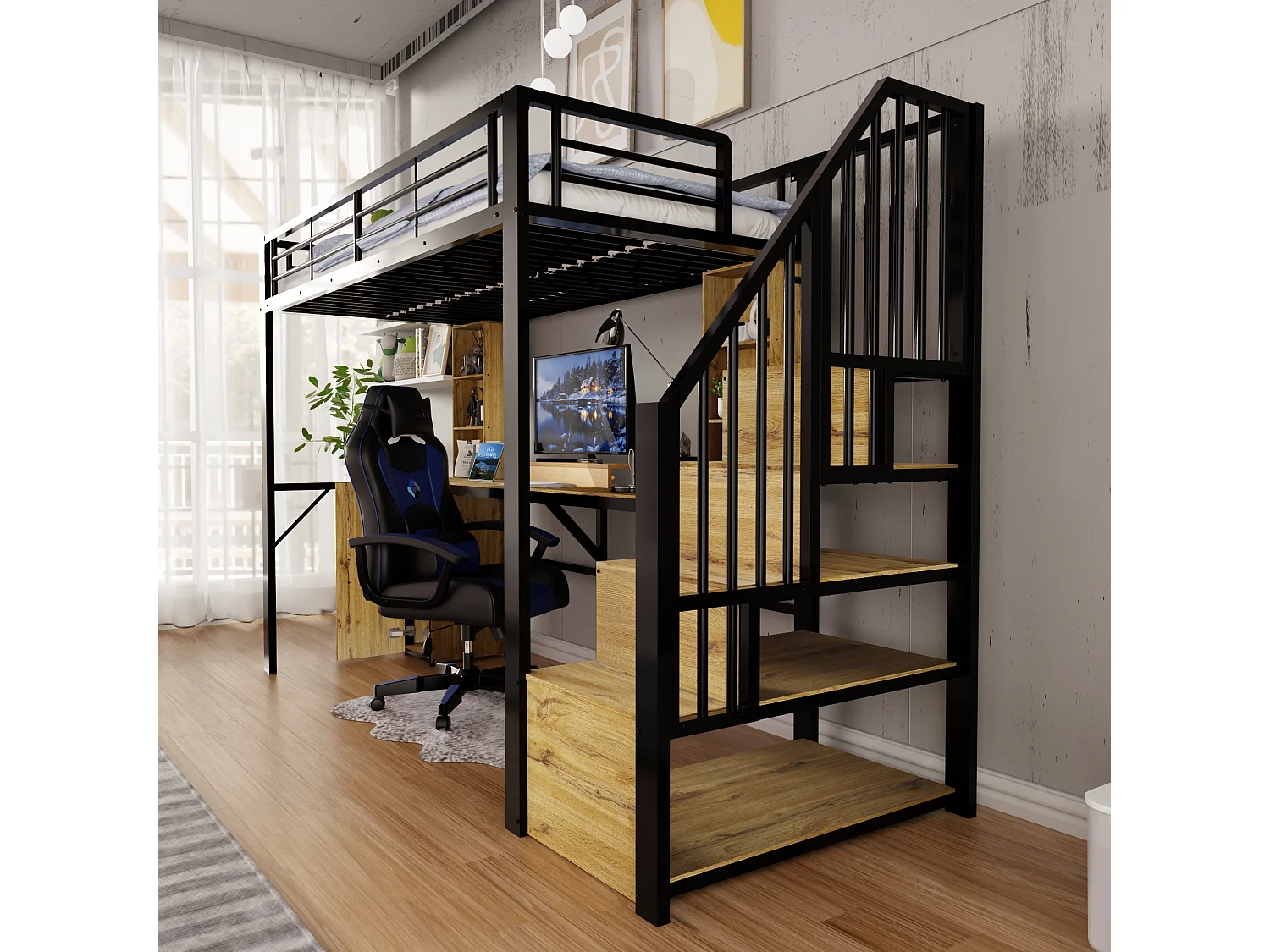 Lit mezzanine 90x200 cm en métal noir avec bureau, rangements, placard et escalier de rangement, USB – sans matelas
